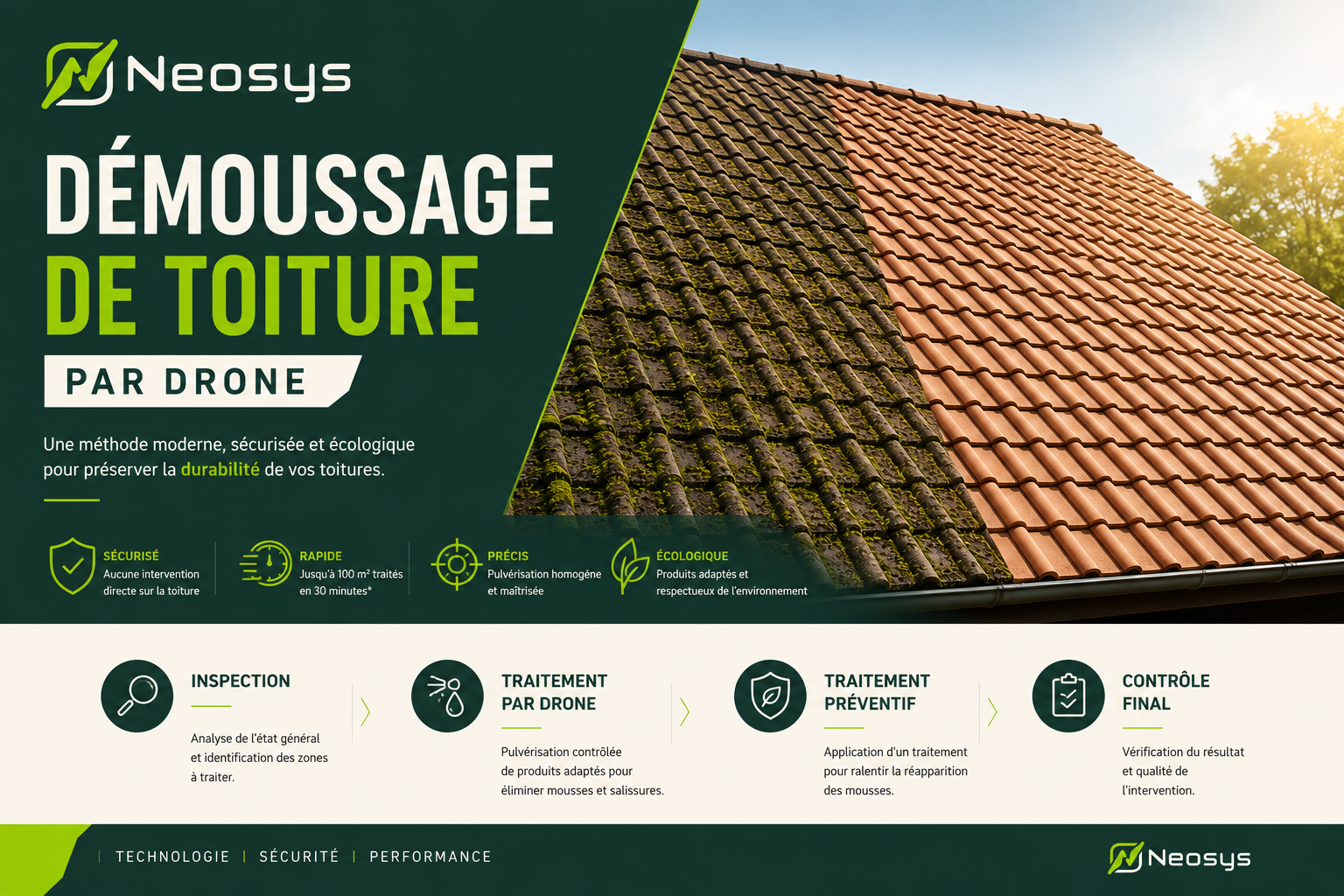 Démoussage de toiture par drone
